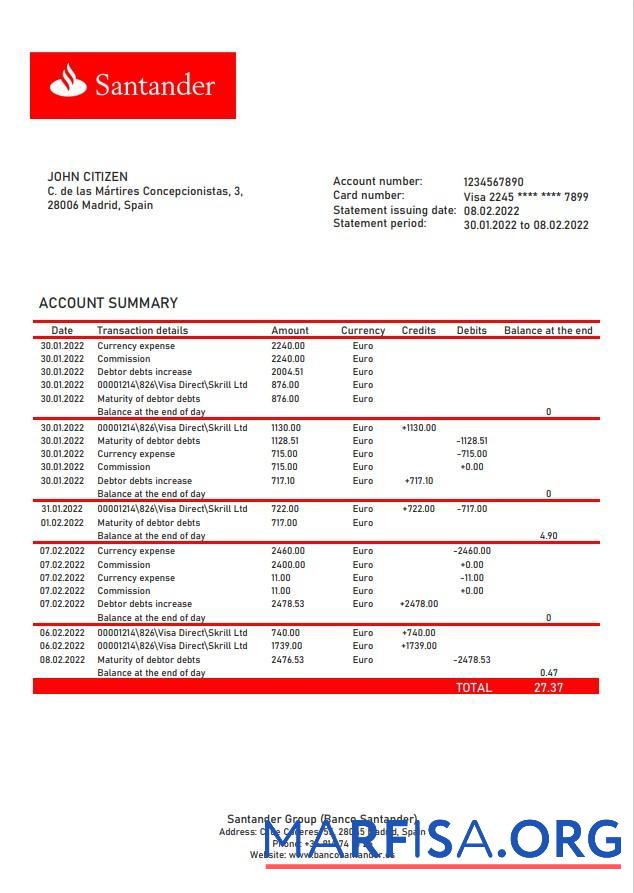 Blank Spain Santander bank statement word version 2 sample